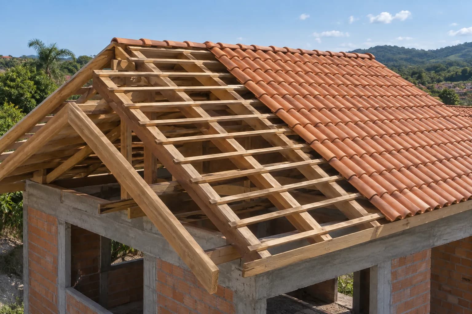 Imagem ilustrativa de construção de telhado com estrutura de madeira e telhas cerâmicas